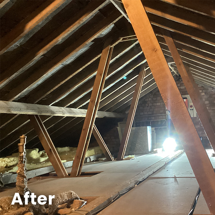 Loft fully restored after spray foam removal, showing exposed rafters and compliance with BS 5250 ventilation standards
